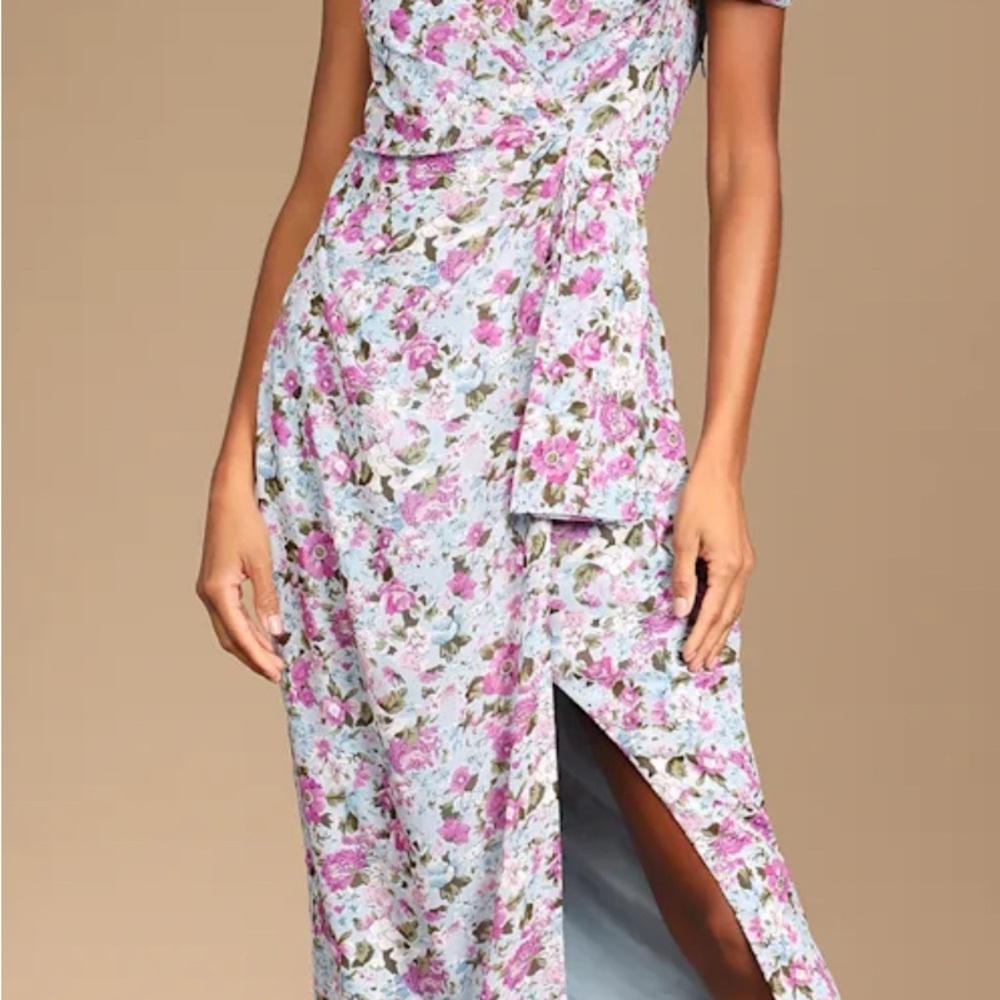 LULUS With a Flourish Blue Floral Print Off-the-Shoulder Maxi Dress